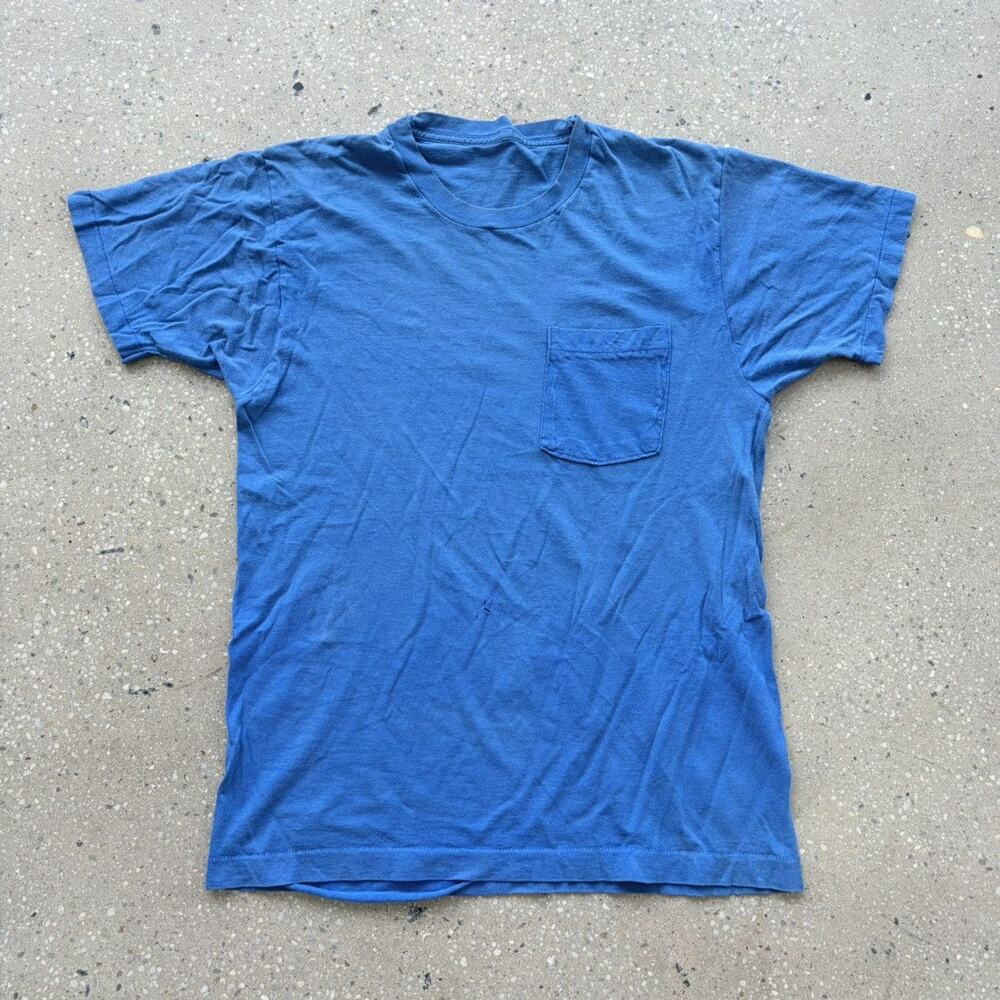 Vintage 80s Blue Blank Cotton Pocket T-Shirt